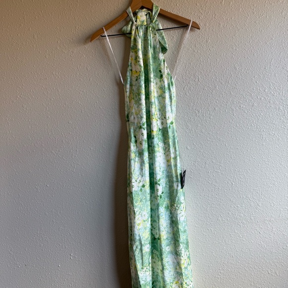 NWT Lulus Glowing Presence Light Green Floral Satin Halter Maxi Dress medium - Picture 2 of 8